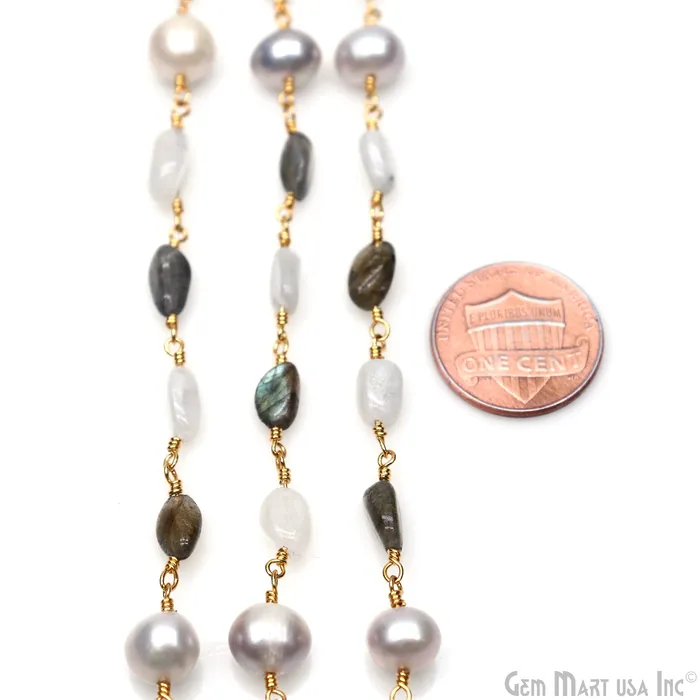 Necklaces GemMartUSA Labradorite Freshwater Pearl Rainbow Moonstone Tumble Beads Gold Wire Wrapped Rosary Chain Necklaces GemMartUSA Labradorite Freshwater Pearl Rainbow Moonstone Tumble Beads Gold Wire Wrapped Rosary Chain