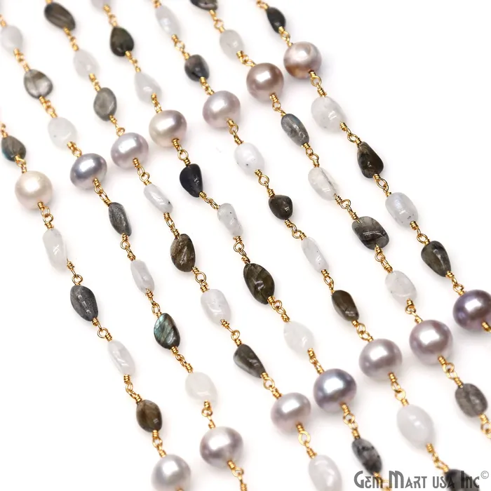 Necklaces GemMartUSA Labradorite Freshwater Pearl Rainbow Moonstone Tumble Beads Gold Wire Wrapped Rosary Chain Necklaces GemMartUSA Labradorite Freshwater Pearl Rainbow Moonstone Tumble Beads Gold Wire Wrapped Rosary Chain