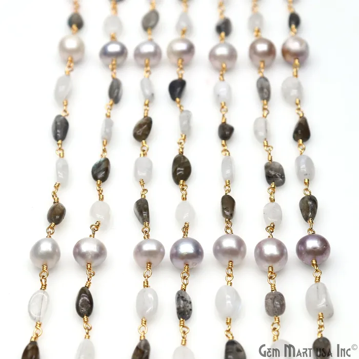 Necklaces GemMartUSA Labradorite Freshwater Pearl Rainbow Moonstone Tumble Beads Gold Wire Wrapped Rosary Chain Necklaces GemMartUSA Labradorite Freshwater Pearl Rainbow Moonstone Tumble Beads Gold Wire Wrapped Rosary Chain