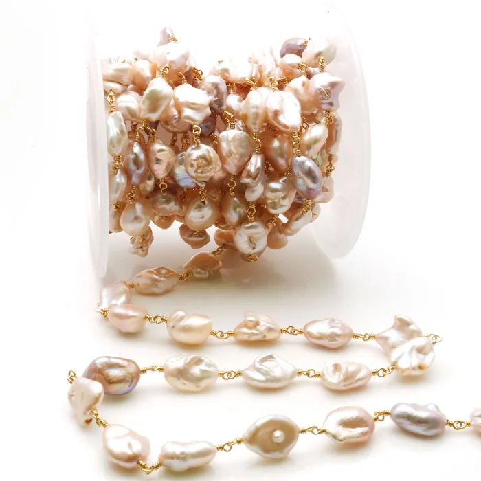 Necklaces GemMartUSA Pink Pearl Free Form 17x12mm Gold Wire Wrapped Rosary Chain