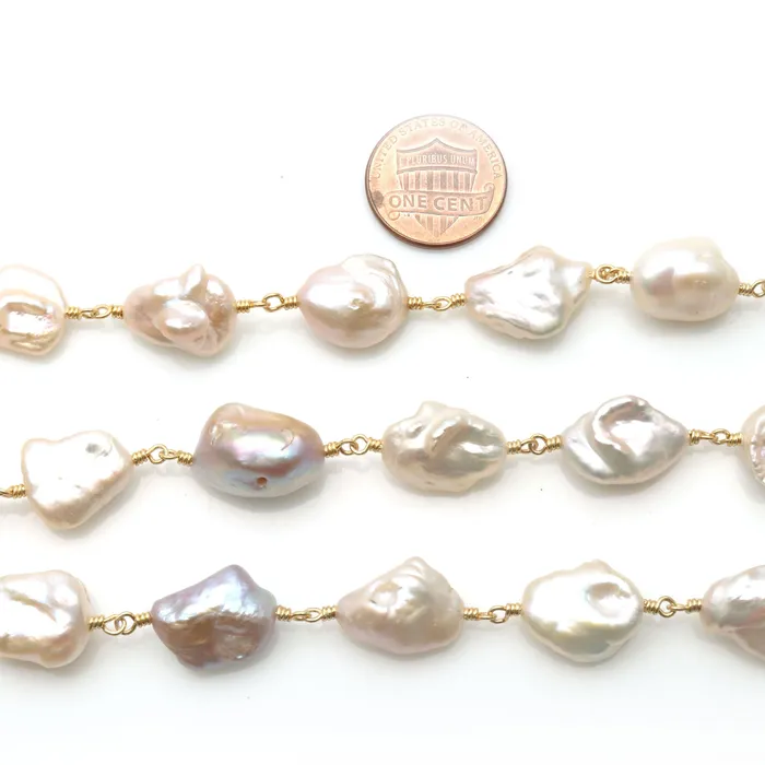 Necklaces GemMartUSA Pink Pearl Free Form 17x12mm Gold Wire Wrapped Rosary Chain