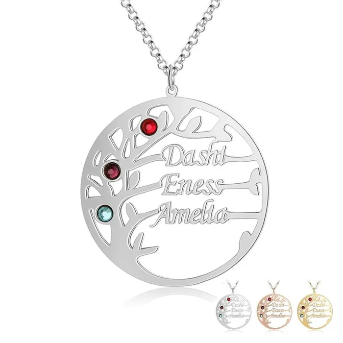 Necklaces Personalized Jewel Personalized Mother Daughter Family Tree Necklace with Custom Nameplate 3 Birthstones Best Gift for Family Members Friends