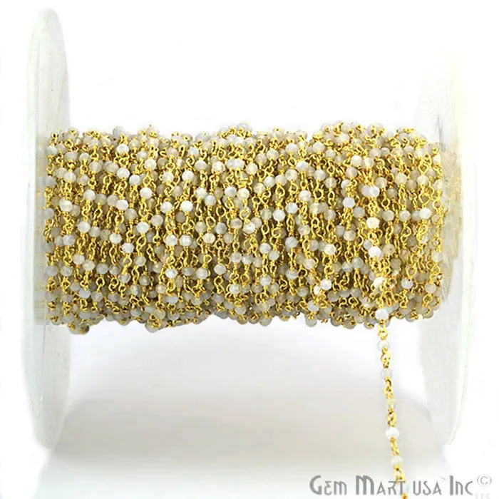 Necklaces Rainbow Moonstone Beads 2mm Gold Plated Wire Wrapped Rosary Chain GemmartUSA