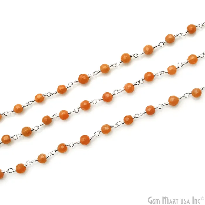 Orange Jade 4mm Faceted Beads Silver Wire Wrapped Rosary Chain GemMartUSA Necklaces Orange Jade 4mm Faceted Beads Silver Wire Wrapped Rosary Chain GemMartUSA Necklaces