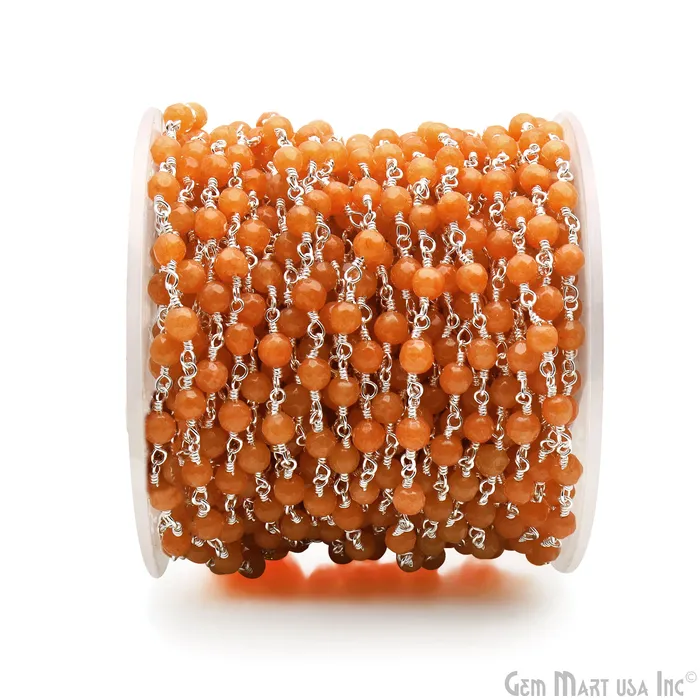 Orange Jade 4mm Faceted Beads Silver Wire Wrapped Rosary Chain GemMartUSA Necklaces Orange Jade 4mm Faceted Beads Silver Wire Wrapped Rosary Chain GemMartUSA Necklaces