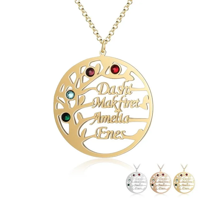 Personalized Family Tree Necklace with Customized Name 4 Birthstones GoldRose Gold Color Jewelry Gifts for BFF Personalized Jewel Necklaces