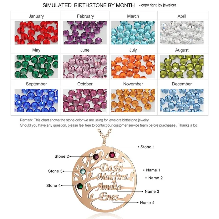 Personalized Family Tree Necklace with Customized Name 4 Birthstones GoldRose Gold Color Jewelry Gifts for BFF Personalized Jewel Necklaces