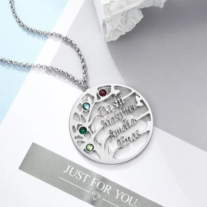 Personalized Family Tree Necklace with Customized Name 4 Birthstones GoldRose Gold Color Jewelry Gifts for BFF Personalized Jewel Necklaces