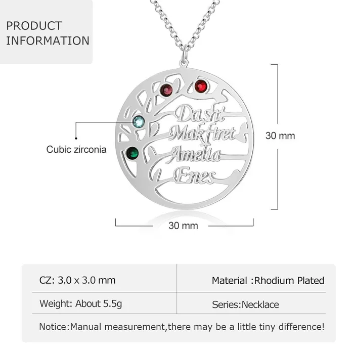 Personalized Family Tree Necklace with Customized Name 4 Birthstones GoldRose Gold Color Jewelry Gifts for BFF Personalized Jewel Necklaces