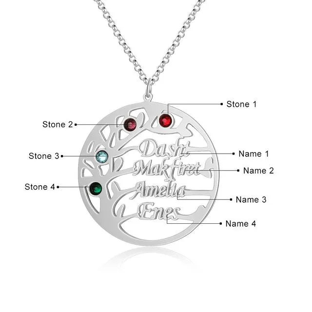 Personalized Family Tree Necklace with Customized Name 4 Birthstones GoldRose Gold Color Jewelry Gifts for BFF Personalized Jewel Necklaces