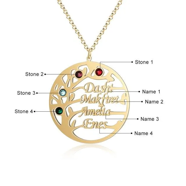 Personalized Family Tree Necklace with Customized Name 4 Birthstones GoldRose Gold Color Jewelry Gifts for BFF Personalized Jewel Necklaces