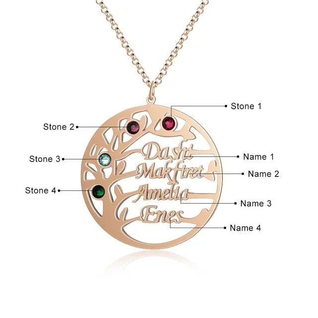 Personalized Family Tree Necklace with Customized Name 4 Birthstones GoldRose Gold Color Jewelry Gifts for BFF Personalized Jewel Necklaces