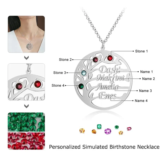 Personalized Family Tree Necklace with Customized Name 4 Birthstones GoldRose Gold Color Jewelry Gifts for BFF Personalized Jewel Necklaces