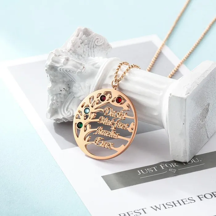 Personalized Family Tree Necklace with Customized Name 4 Birthstones GoldRose Gold Color Jewelry Gifts for BFF Personalized Jewel Necklaces
