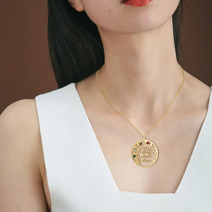 Personalized Family Tree Necklace with Customized Name 4 Birthstones GoldRose Gold Color Jewelry Gifts for BFF Personalized Jewel Necklaces