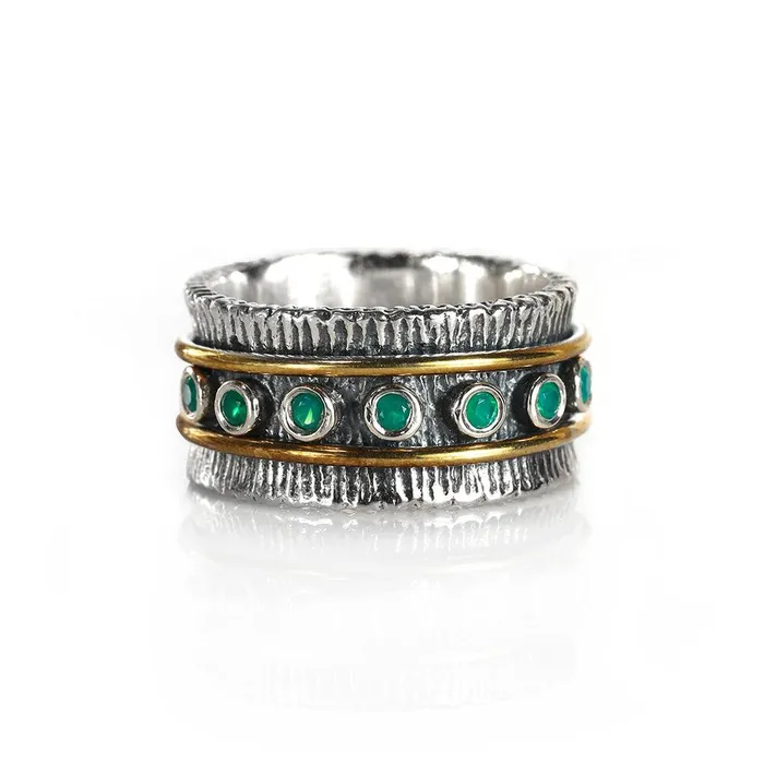 Rings 2MM Oxidized Green Onyx Solid 925 Sterling Silver Brass Antique Spinner Ring YoTreasure