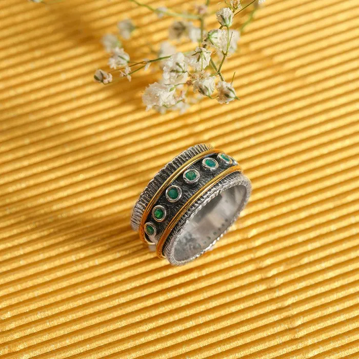 Rings 2MM Oxidized Green Onyx Solid 925 Sterling Silver Brass Antique Spinner Ring YoTreasure