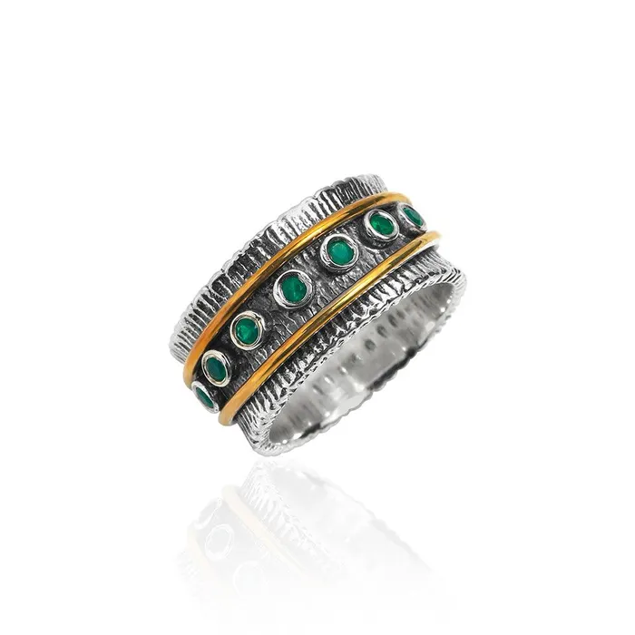 Rings 2MM Oxidized Green Onyx Solid 925 Sterling Silver Brass Antique Spinner Ring YoTreasure
