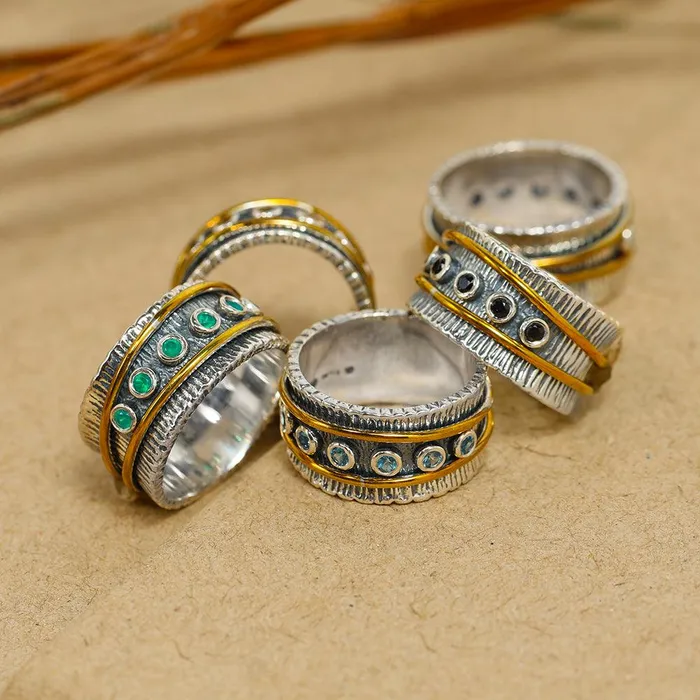 Rings 2MM Oxidized Green Onyx Solid 925 Sterling Silver Brass Antique Spinner Ring YoTreasure