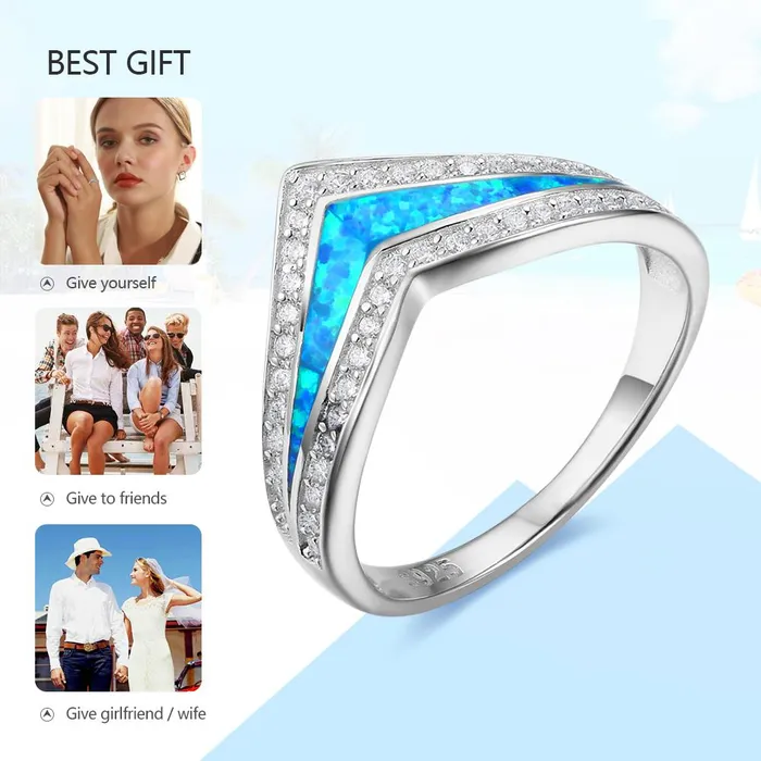 Rings customjewelryan Trendy 925 Sterling Silver Blue Opal Stone Cubic Zirconia Wedding Engagement Ring Gift Ideas For Women