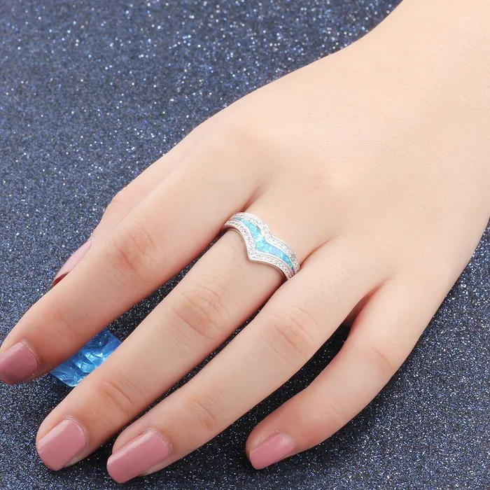 Rings customjewelryan Trendy 925 Sterling Silver Blue Opal Stone Cubic Zirconia Wedding Engagement Ring Gift Ideas For Women