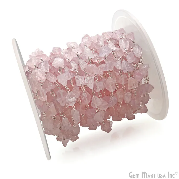 Rose Quartz Free Form Nugget 68mm Silver Plated Rosary Chain GemMartUSA Rings