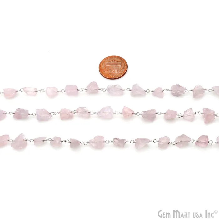 Rose Quartz Free Form Nugget 68mm Silver Plated Rosary Chain GemMartUSA Rings