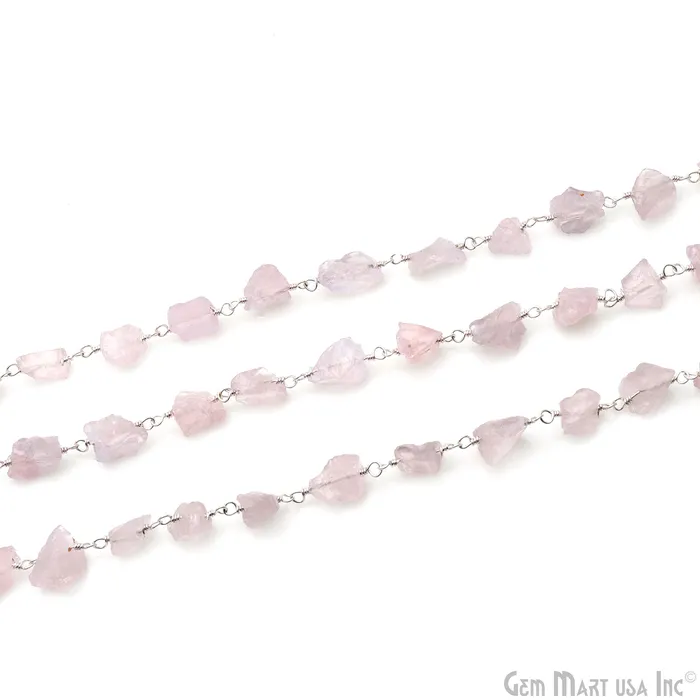 Rose Quartz Free Form Nugget 68mm Silver Plated Rosary Chain GemMartUSA Rings