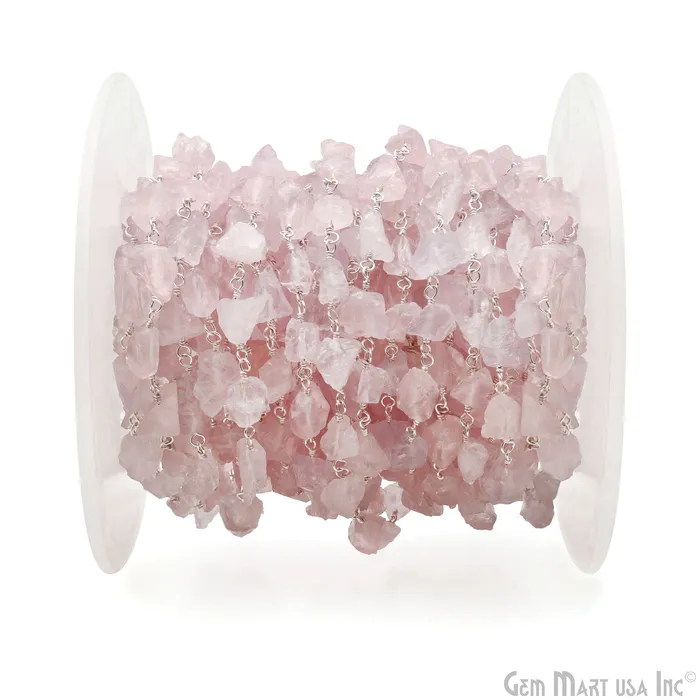 Rose Quartz Free Form Nugget 68mm Silver Plated Rosary Chain GemMartUSA Rings