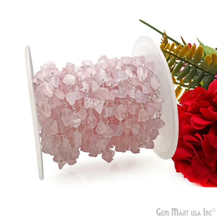 Rose Quartz Free Form Nugget 68mm Silver Plated Rosary Chain GemMartUSA Rings