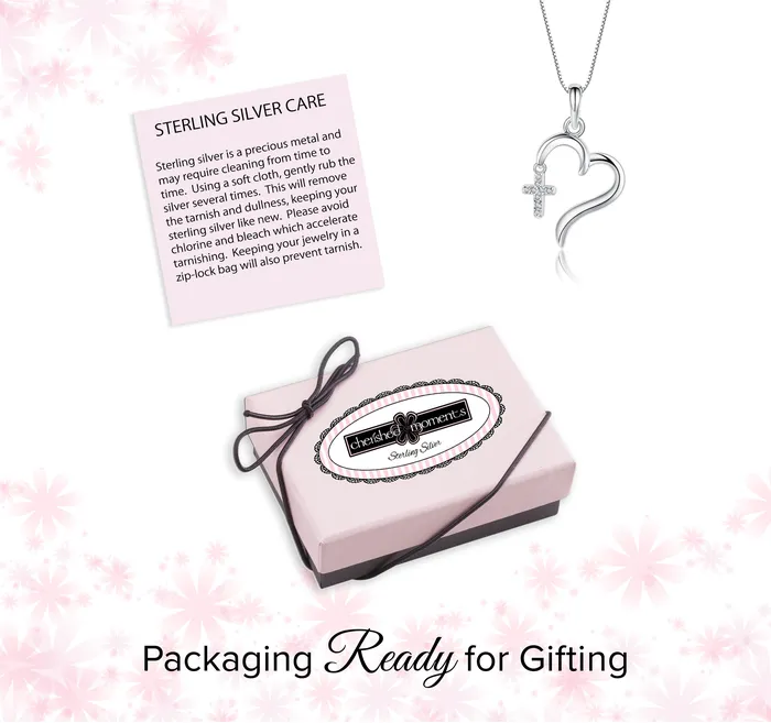SALE Sterling Silver Childrens Heart Necklace with CZ Cross Cherished Moments Necklaces