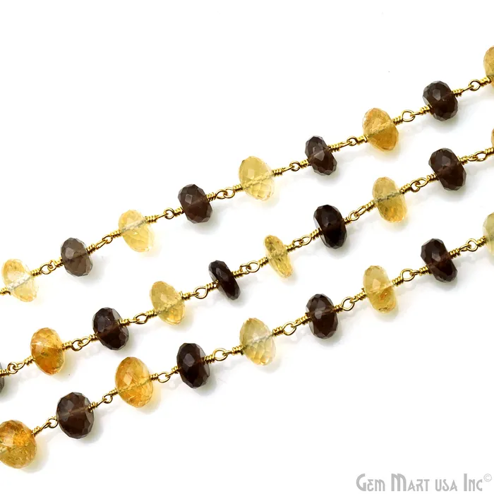 Smoky Topaz With Citrine Gold Plated Faceted Rondelle Beads Rosary Chain GemMartUSA Necklaces Smoky Topaz With Citrine Gold Plated Faceted Rondelle Beads Rosary Chain GemMartUSA Necklaces