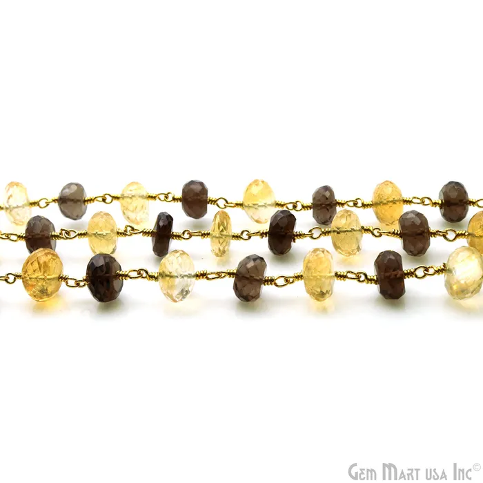 Smoky Topaz With Citrine Gold Plated Faceted Rondelle Beads Rosary Chain GemMartUSA Necklaces Smoky Topaz With Citrine Gold Plated Faceted Rondelle Beads Rosary Chain GemMartUSA Necklaces