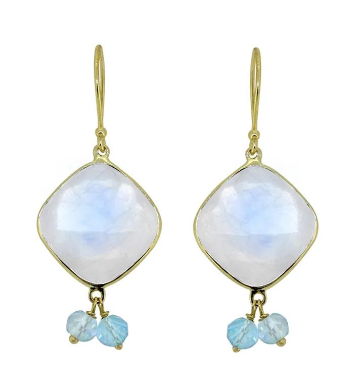 YoTreasure Earrings 14K Yellow Gold Moonstone Blue Topaz Dangle Earrings 1978 ct