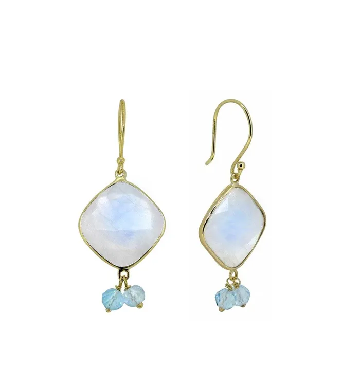 YoTreasure Earrings 14K Yellow Gold Moonstone Blue Topaz Dangle Earrings 1978 ct