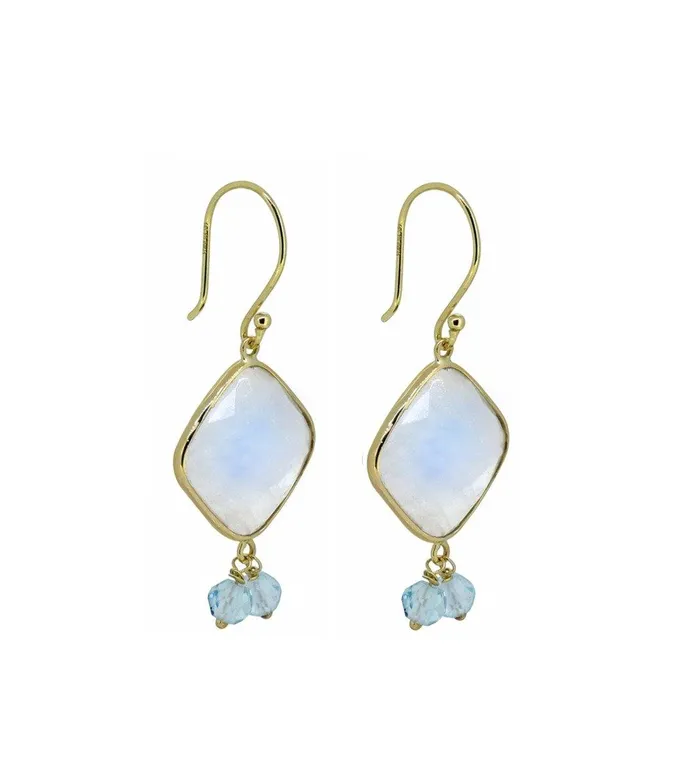 YoTreasure Earrings 14K Yellow Gold Moonstone Blue Topaz Dangle Earrings 1978 ct