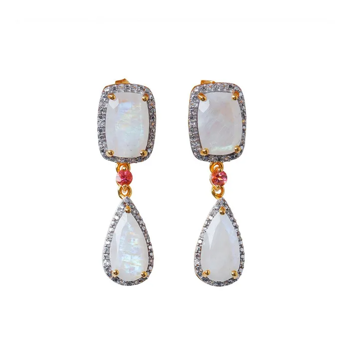 YoTreasure Earrings Rainbow Moonstone Solid 14kt Gold Over 925 Sterling Silver Drop Earrings