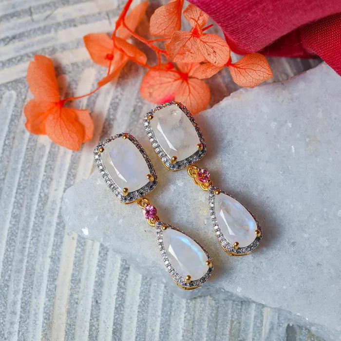 YoTreasure Earrings Rainbow Moonstone Solid 14kt Gold Over 925 Sterling Silver Drop Earrings YoTreasure Earrings Rainbow Moonstone Solid 14kt Gold Over 925 Sterling Silver Drop Earrings