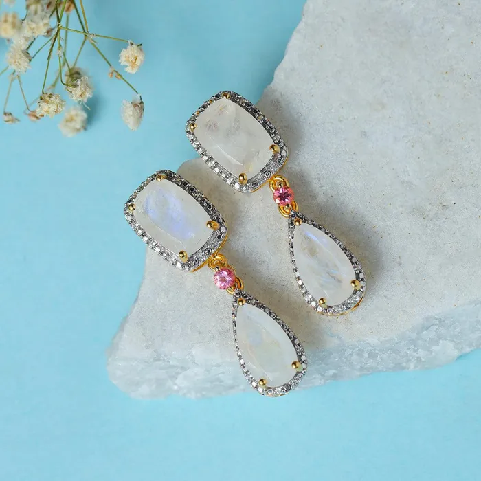 YoTreasure Earrings Rainbow Moonstone Solid 14kt Gold Over 925 Sterling Silver Drop Earrings YoTreasure Earrings Rainbow Moonstone Solid 14kt Gold Over 925 Sterling Silver Drop Earrings