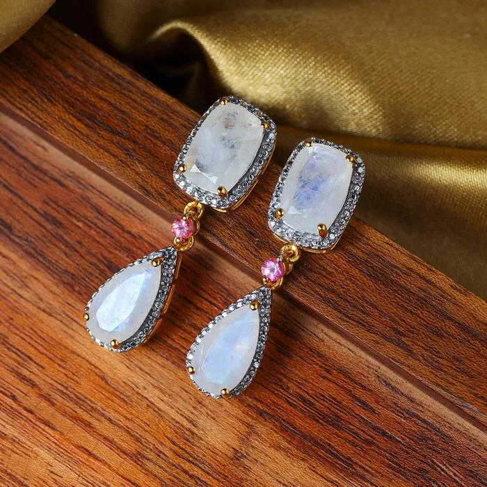 YoTreasure Earrings Rainbow Moonstone Solid 14kt Gold Over 925 Sterling Silver Drop Earrings YoTreasure Earrings Rainbow Moonstone Solid 14kt Gold Over 925 Sterling Silver Drop Earrings