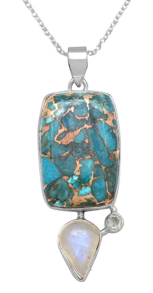 YoTreasure Necklaces Blue Copper Turquoise Rainbow Moostone Blue Topaz 925 Solid Sterling Silver Pendant Necklace Silver Jewelry YoTreasure Necklaces Blue Copper Turquoise Rainbow Moostone Blue Topaz 925 Solid Sterling Silver Pendant Necklace Silver Jewelry