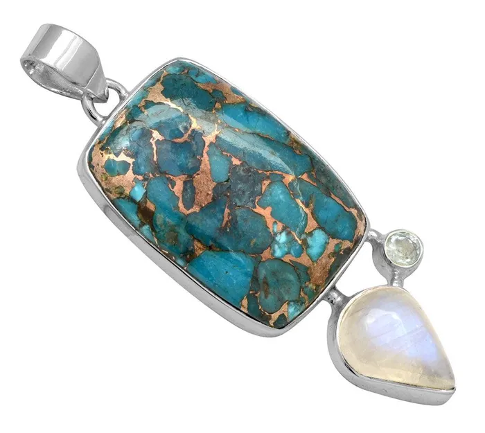 YoTreasure Necklaces Blue Copper Turquoise Rainbow Moostone Blue Topaz 925 Solid Sterling Silver Pendant Necklace Silver Jewelry