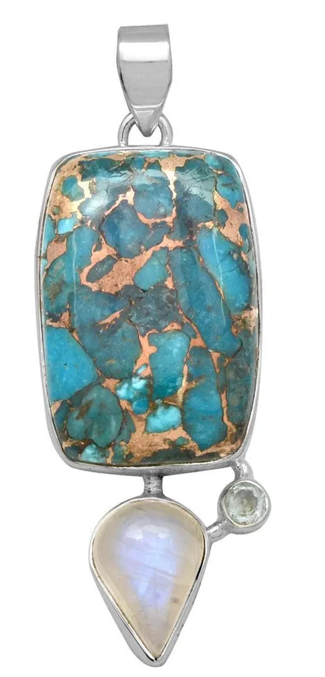 YoTreasure Necklaces Blue Copper Turquoise Rainbow Moostone Blue Topaz 925 Solid Sterling Silver Pendant Necklace Silver Jewelry