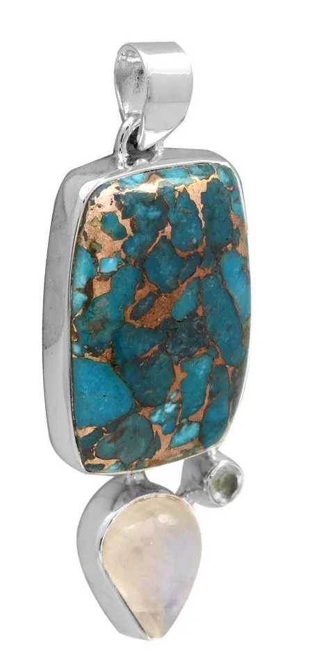 YoTreasure Necklaces Blue Copper Turquoise Rainbow Moostone Blue Topaz 925 Solid Sterling Silver Pendant Necklace Silver Jewelry