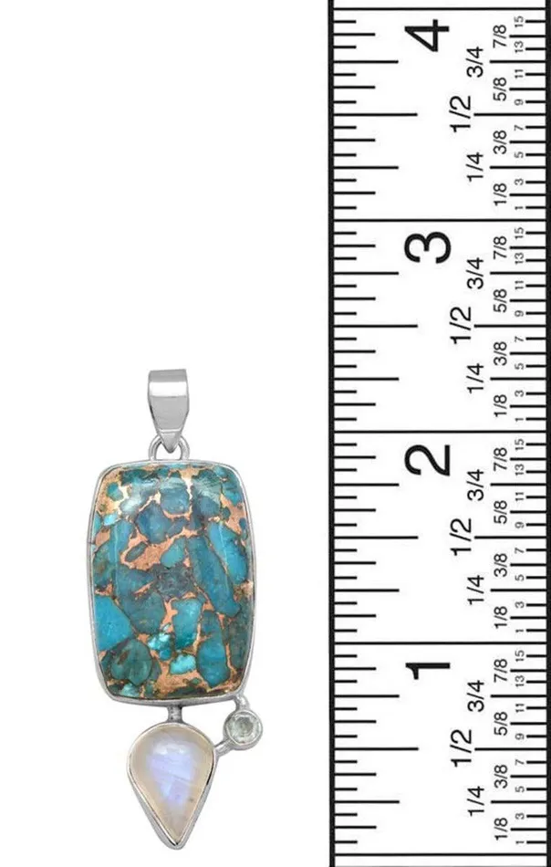 YoTreasure Necklaces Blue Copper Turquoise Rainbow Moostone Blue Topaz 925 Solid Sterling Silver Pendant Necklace Silver Jewelry