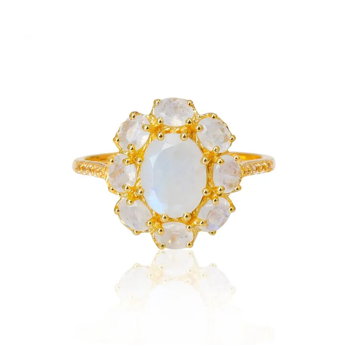YoTreasure Rainbow Moonstone White Topaz 14k Gold Over 925 Silver Ring Rings