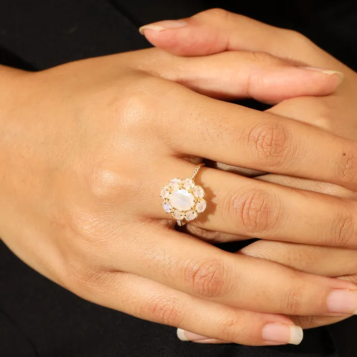 YoTreasure Rainbow Moonstone White Topaz 14k Gold Over 925 Silver Ring Rings