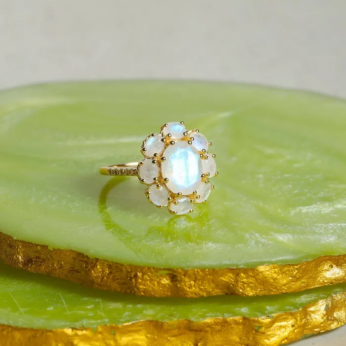 YoTreasure Rainbow Moonstone White Topaz 14k Gold Over 925 Silver Ring Rings