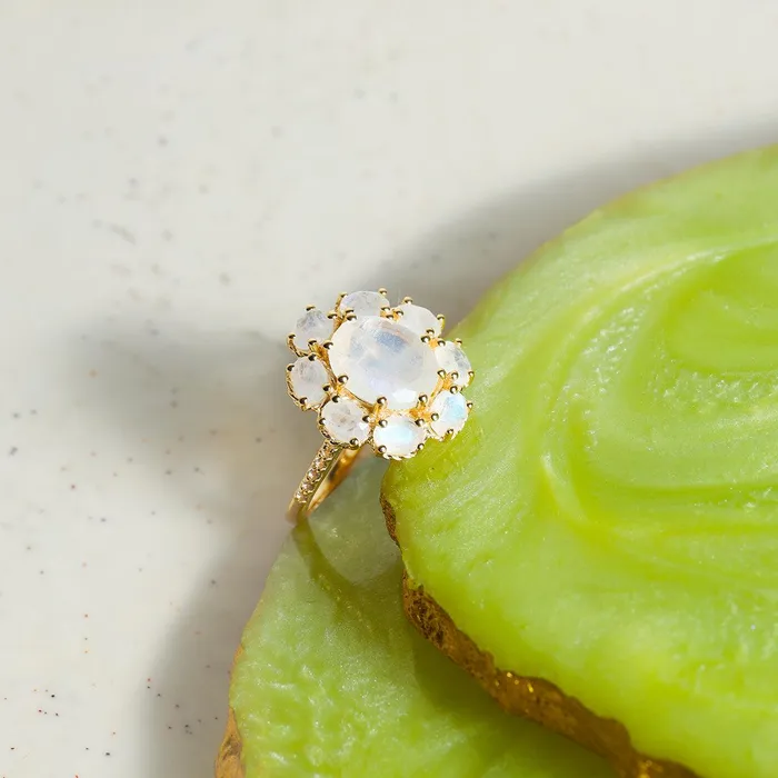 YoTreasure Rainbow Moonstone White Topaz 14k Gold Over 925 Silver Ring Rings