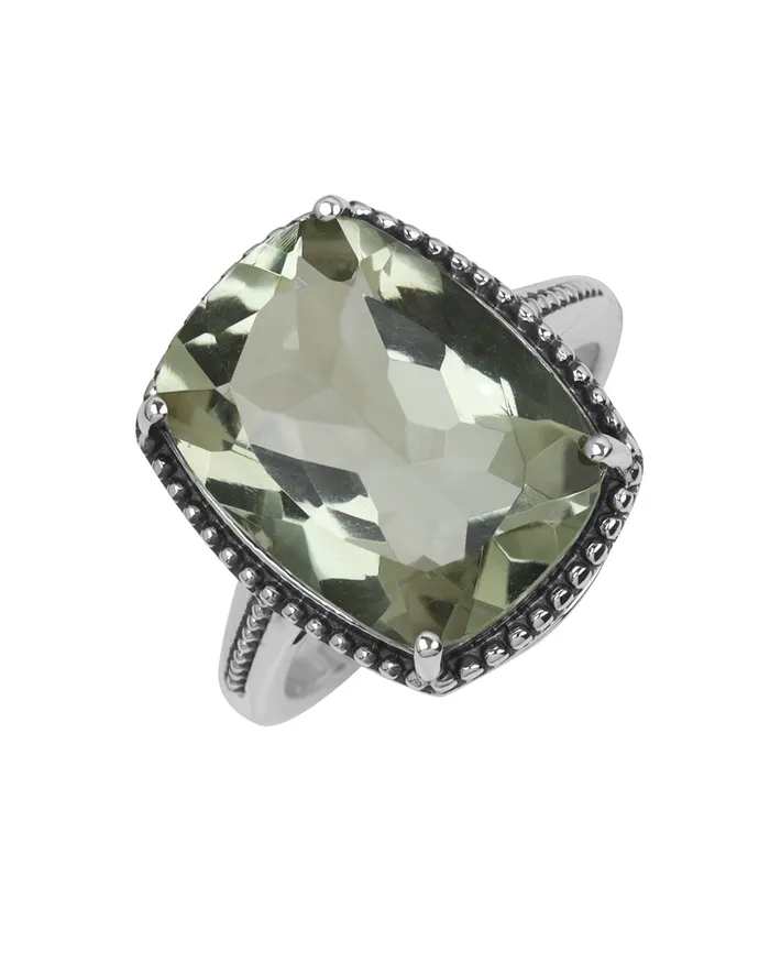 YoTreasure Rings Green Amethyst Solid 925 Sterling Silver Cushion Cut Rope Design Rings for Women